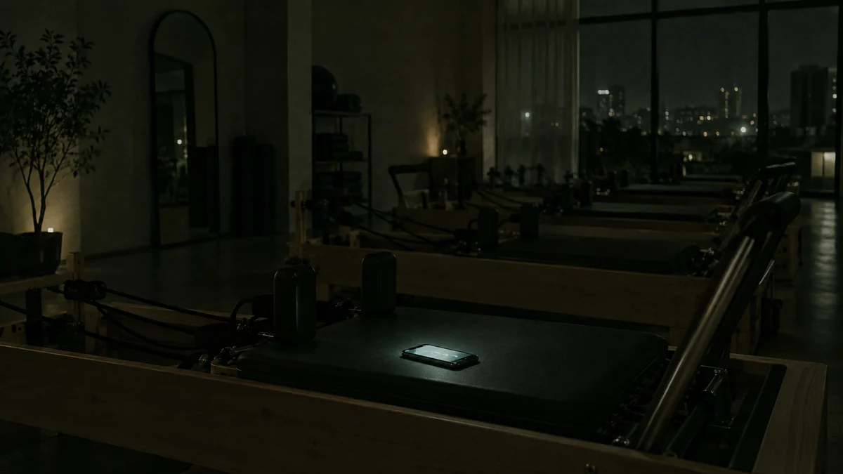 Estúdio de Pilates vazio à noite, com um celular aceso sobre o reformer